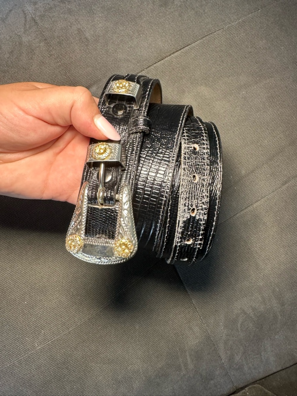 Black Leather Western Belt with Decorative Silver & Gold Buckle